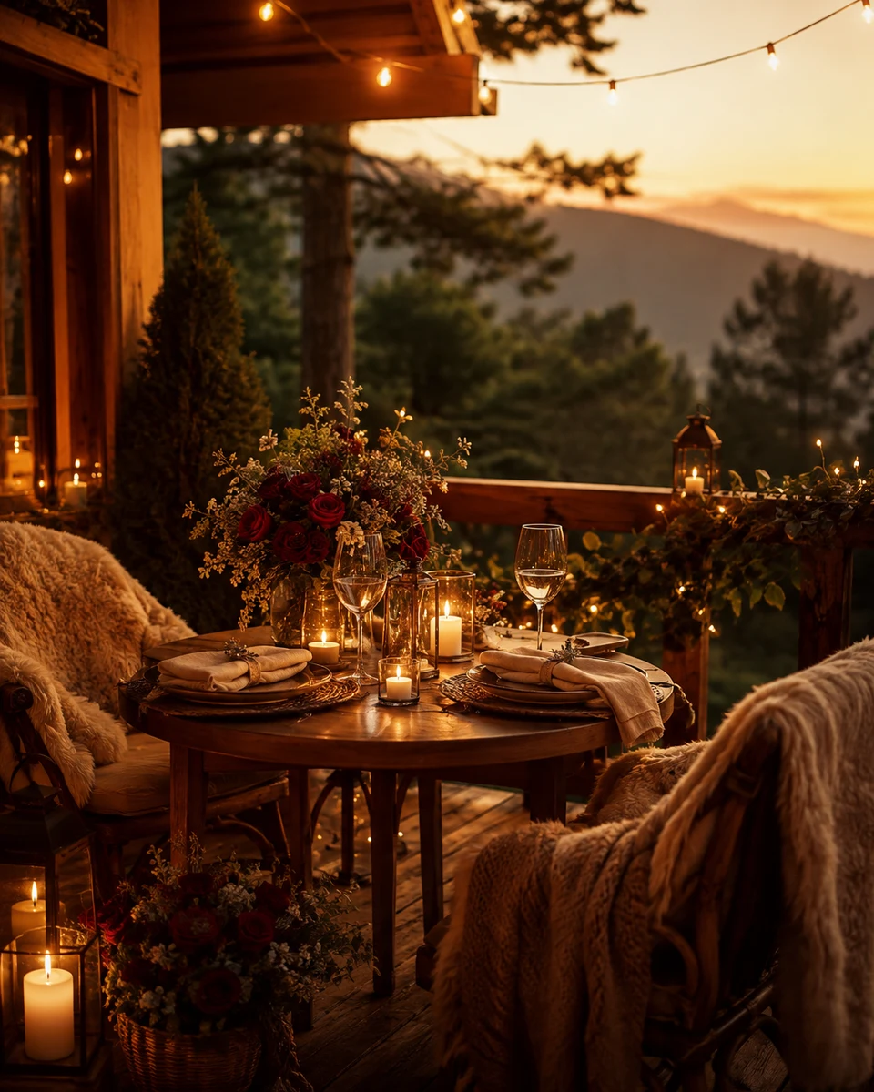 Mesa romântica decorada em clima aconchegante, com flores, velas e natureza ao redor